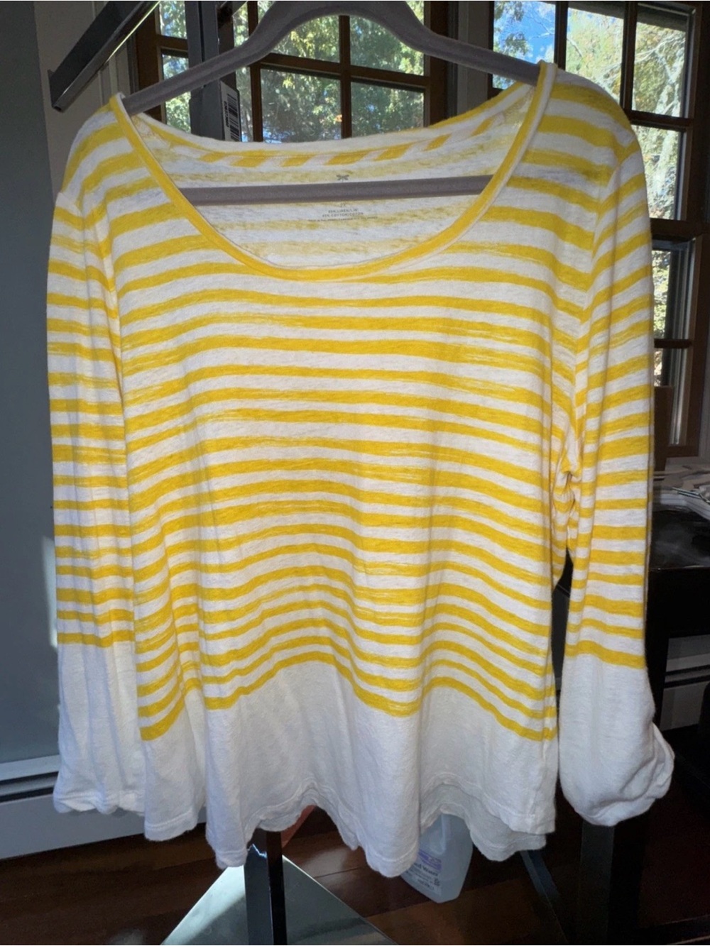 Talbots Yellow White Striped Linen Scoop Neck tabbed sleeve pullover Size 2X